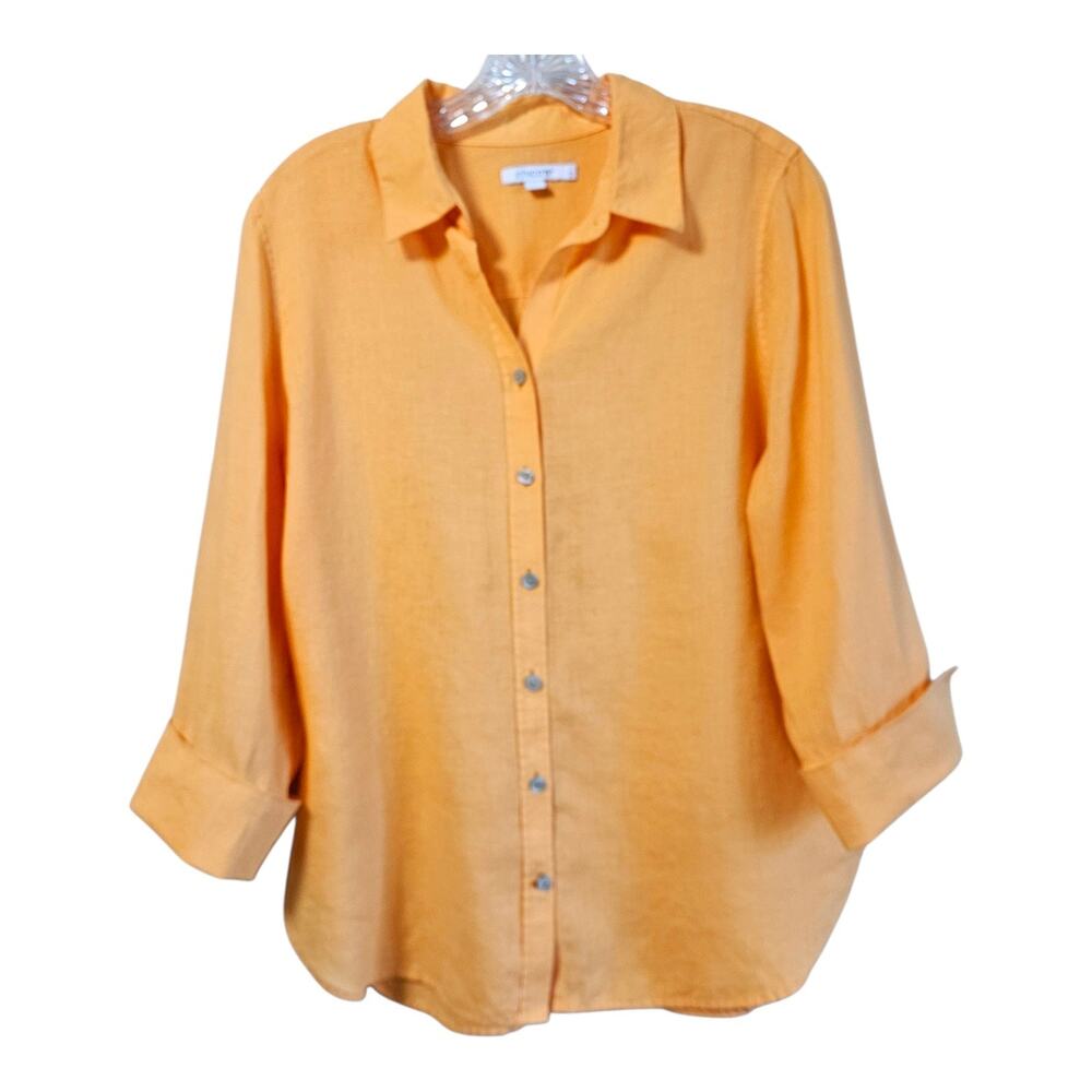 Chico's 1 Women 8 10 Linen Blouse Button Up Orange 3/4 Sleeve Coastal Natural 40